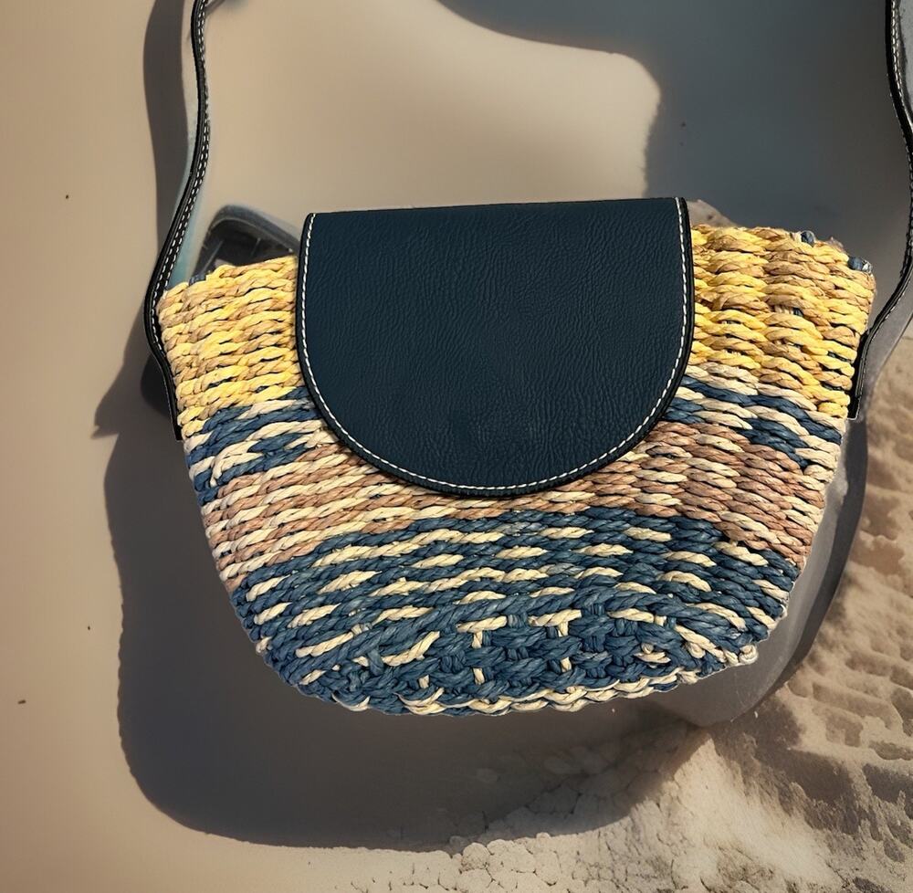 Coastal Straw Crossbody Bag Blue Brown Beach Luxury Universal Thread Small NWOT